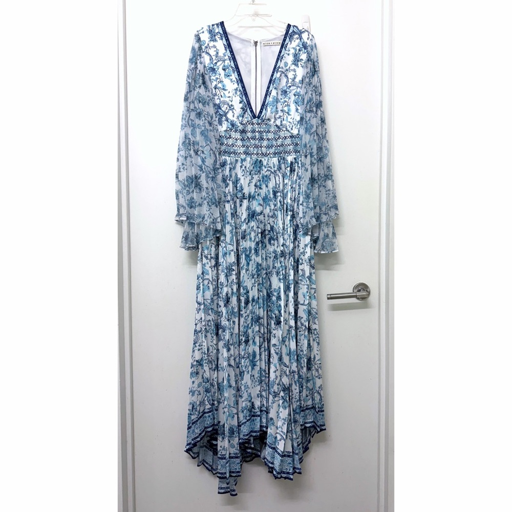 Alice + Olivia Sion Sunburst Pleated Maxi Dress Spring Sky Blue Floral Print 10 - Picture 2 of 16